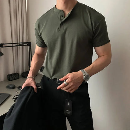 Summer Clothing Men's Luxury Henry Collar T-Shirt Korean Button-down Solid Color Short Sleeve Tees for Men