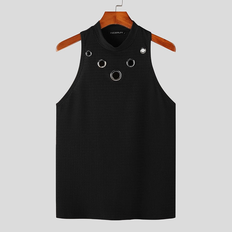 Men Tank Tops Hollow Out Solid Turtleneck Sleeveless Fashion Male Vests Streetwear Summer Casual Men Clothing S-5XL INCERUN