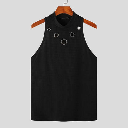 Men Tank Tops Hollow Out Solid Turtleneck Sleeveless Fashion Male Vests Streetwear Summer Casual Men Clothing S-5XL INCERUN