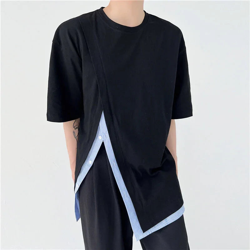 Men Clothing Summer Short Sleeve Slit Patchwork T-shirt Korean Fashion Loose Streetwear T Shirt Tops For Male