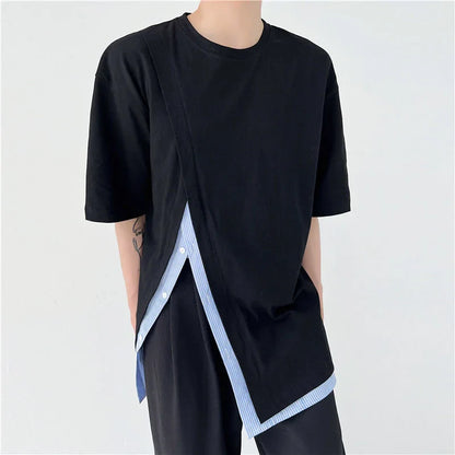 Men Clothing Summer Short Sleeve Slit Patchwork T-shirt Korean Fashion Loose Streetwear T Shirt Tops For Male