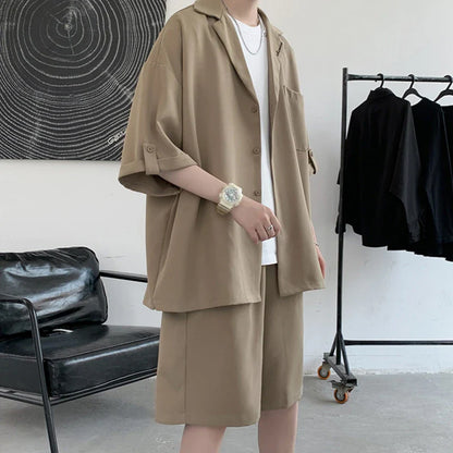 Men's Sets Summer Handsome Notched Collar Half Length Sleeve Shirts Knee  Solid Elastic Waist Shorts Korean Style Fashion