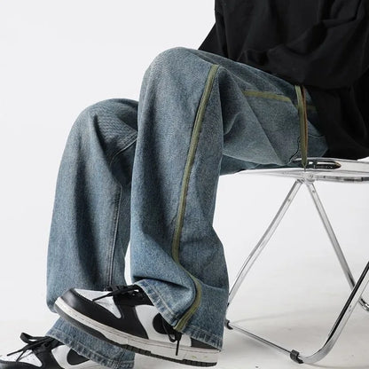saferido American High Street Trend Fashion Street Wide Jeans Men's Drawstring Pocket Patchwork Folds Washed Casual Loose Straight Pants