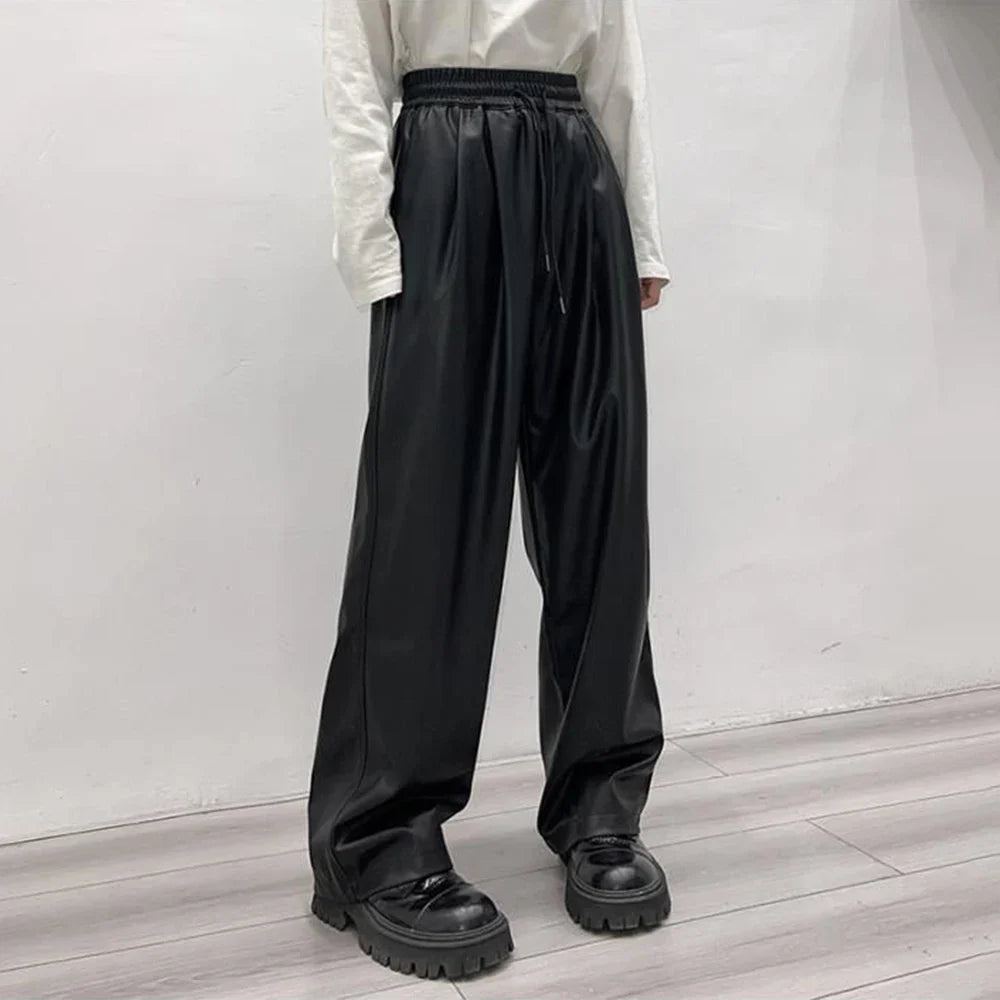 saferido Casual Drawstring PU Leather Long Pants Men Trousers Spring Fall  Loose Y2k Elastic Waist Straight Wide Leg Faux Leather Pants