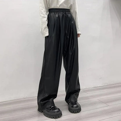 saferido Casual Drawstring PU Leather Long Pants Men Trousers Spring Fall  Loose Y2k Elastic Waist Straight Wide Leg Faux Leather Pants