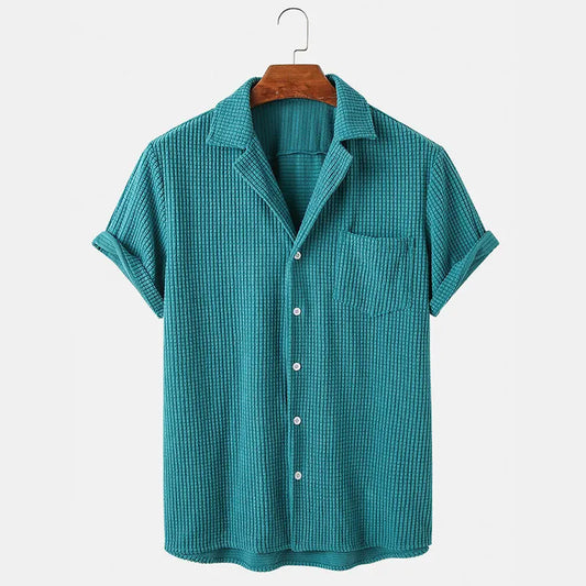 Summer Clothing Men's Luxury Corduroy Plaid Short Sleeve Shirts Casual Streetwear Button-down Solid Color Breathable Vintage