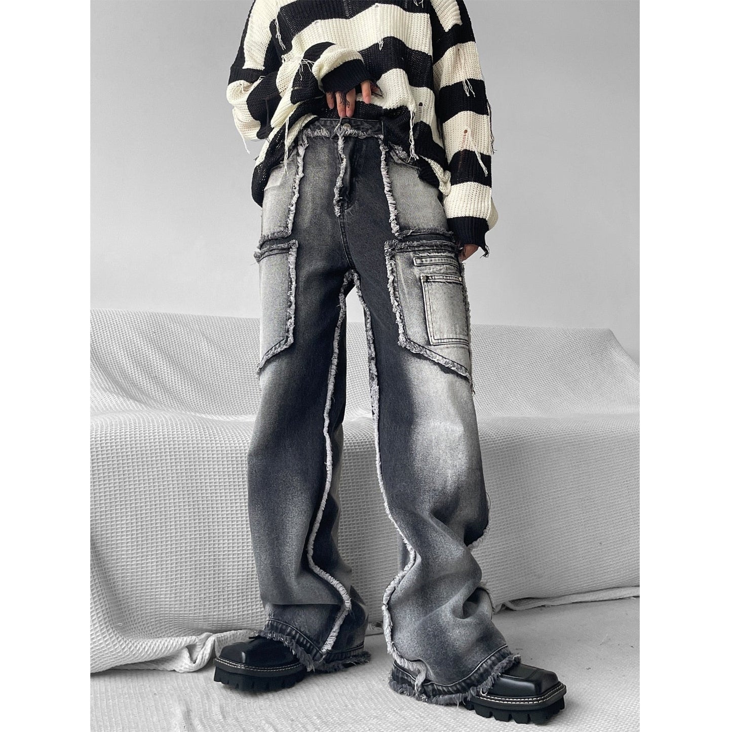 HOUZHOU Hip Hop Cargo Jeans Men Patchwork Distressed Denim Trousers Male Loose Casual Streetwear Ripped Vintage Pocket 4XL