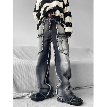HOUZHOU Hip Hop Cargo Jeans Men Patchwork Distressed Denim Trousers Male Loose Casual Streetwear Ripped Vintage Pocket 4XL