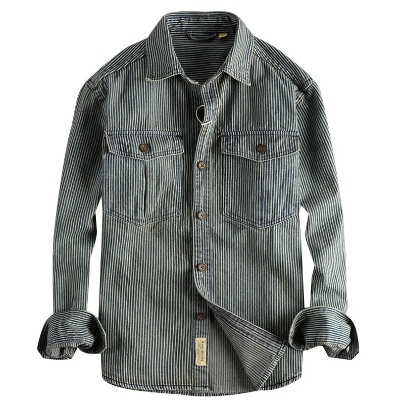Fashion men Europe and the United States style casual shirt coat striped fabric washed to make old vintage cargo denim shirt