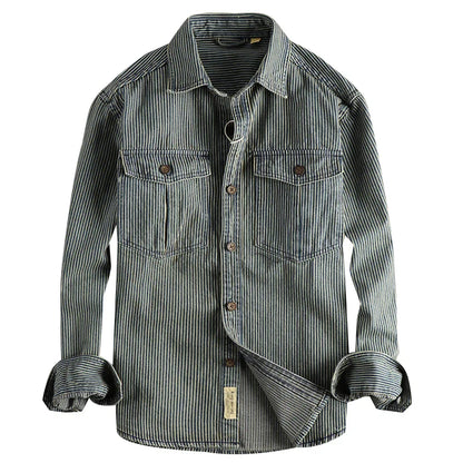 Fashion men Europe and the United States style casual shirt coat striped fabric washed to make old vintage cargo denim shirt