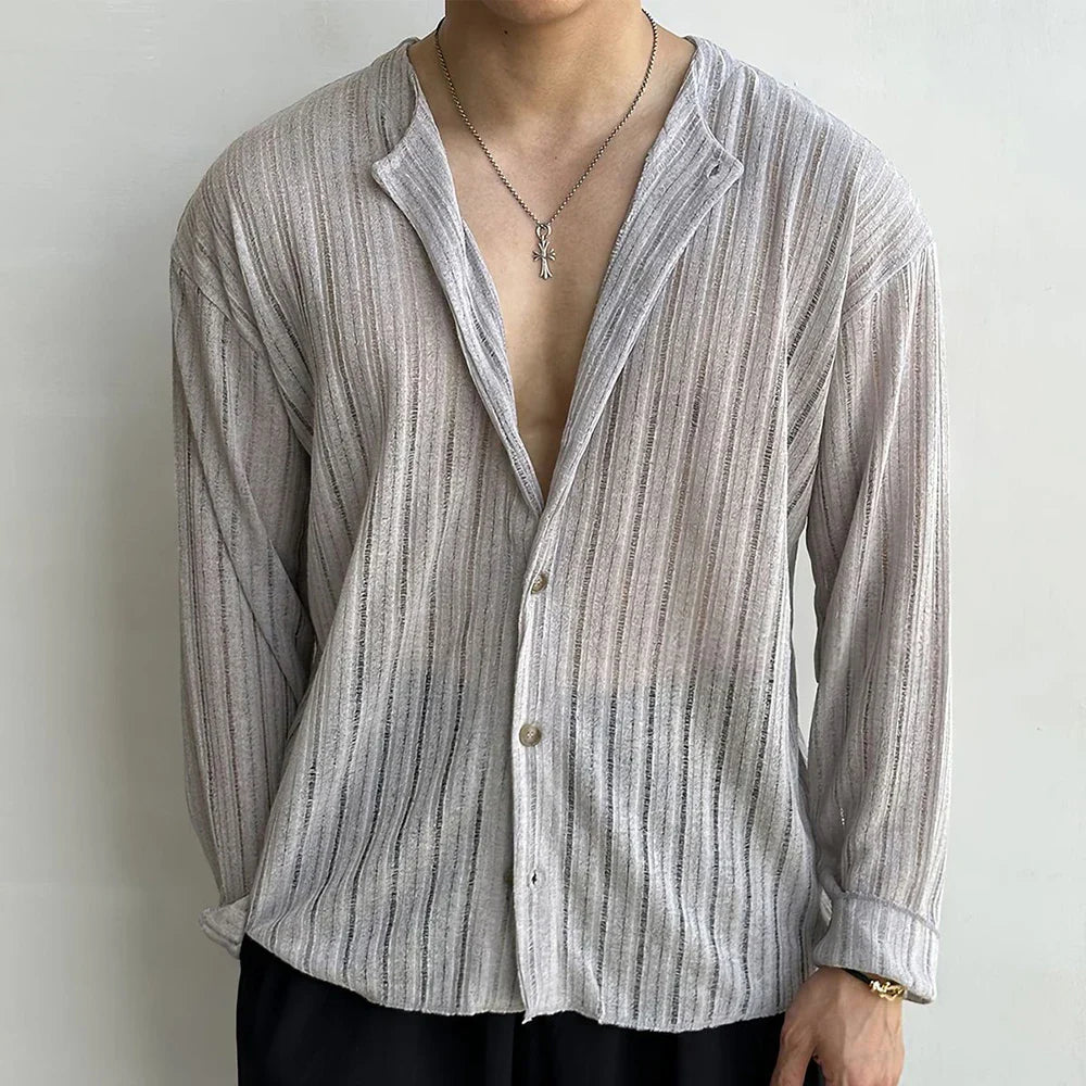 Mens Autumn Sexy Hollow See-Through Knitted Shirt New Essential Casual Loose Lazy Style Solid Color Long-Sleeve Shirt For Men