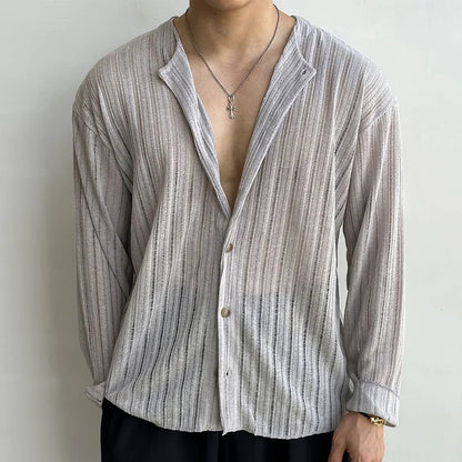 Mens Autumn Sexy Hollow See-Through Knitted Shirt New Essential Casual Loose Lazy Style Solid Color Long-Sleeve Shirt For Men