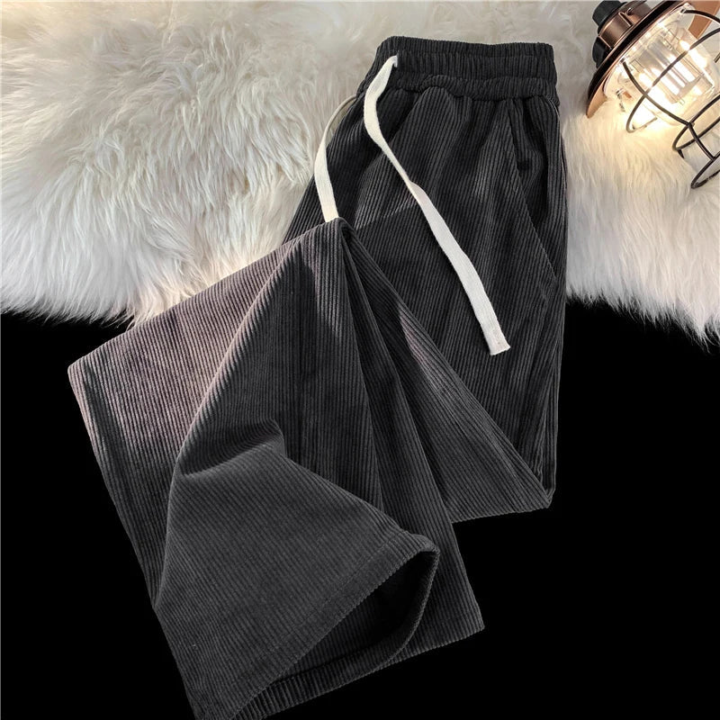 Spring Men's Corduroy Casual Pants Baggy Straight Black Elastic Waist Korean Fashion Streetwear Ankle Wide Leg Sweatpants