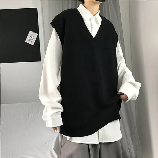 saferido Spring New Korean Fashion Men Pullover Oversized Sweater Vest Male Loose Casual Harajuku Waistcoat Knit Vest for Men