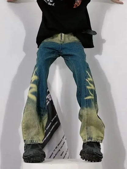 saferido American high street gradient washed old ripple jeans men and women loose straight pants tide senior Korean fashion sense pants