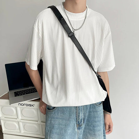 High-quality Ice Silk T Shirts for Men Short Sleeve Summer Half-high Collar Top Loose Korean Fashion Harajuku Mens T Shirts