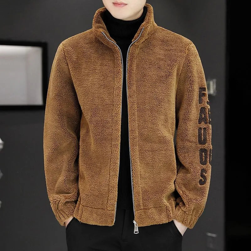 Spring Autumn New Trendy Temperament Handsome Fashion Male Coat Casual Simple Solid Color Loose Warm Lamb Fleece Top Men Clothes