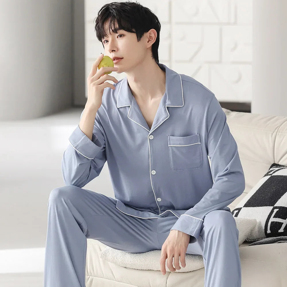 saferido Autumn Pajamas Sets Men Long Sleeve Modal Cotton Thin Teenage Boys' Large Size Spring Outwear Home Cloth Suit Sleepwear Male