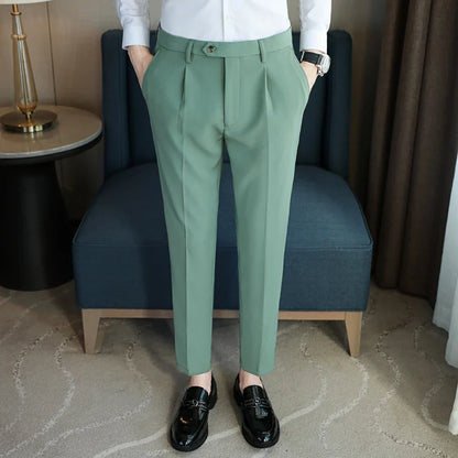 saferido British Style Men High Waist Dress Pants Autumn Solid Color Casual Trousers Slim Fit Formal Suit Pants Fashion Men Clothing 38