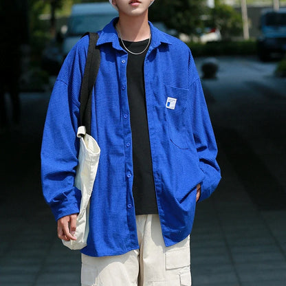 saferido  Blue Minimalist Shirts For Men Korean Style Solid Long Sleeve Turn Down Collar Shirt Comfortable Blouses Casual Plus Size