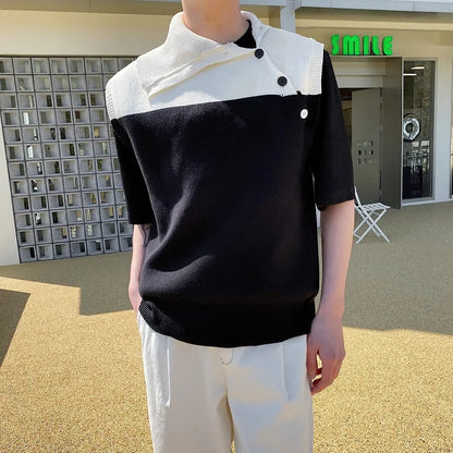 saferido Korea Fashion Streetwear Spring Diagonal Lapel Tank Tops Contrasting Color Men's Women’s Sleeveless Sweater tank top men
