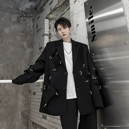 saferido Korean Street clothing fashion Spring Men's Irregular Hole Suit Dark Black Male Blazers Korean Fashion Lapel Outwear