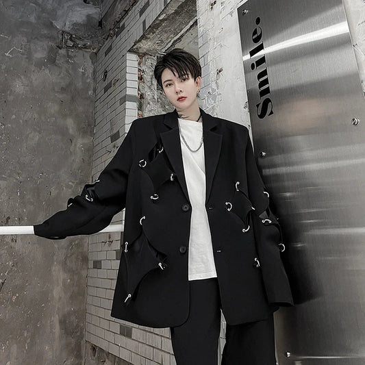saferido Korean Street clothing fashion Spring Men's Irregular Hole Suit Dark Black Male Blazers Korean Fashion Lapel Outwear