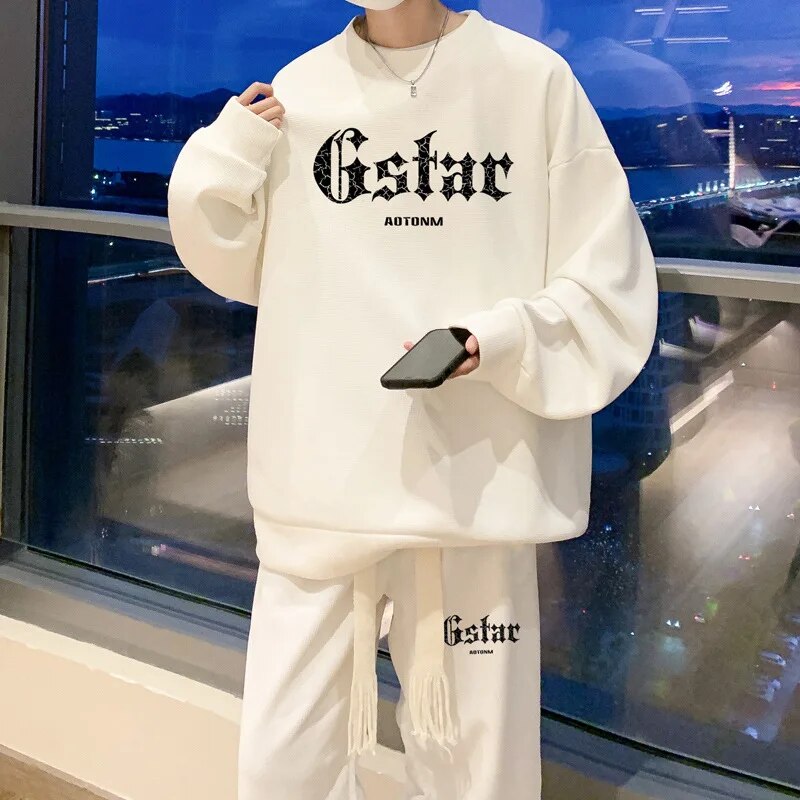 Men's Waffle Casual Suit O-neck Long Sleeve Print Letter Sweatshirts Sweatpants Autumn Tracksuit Plus Size Fashion Two Piece Set