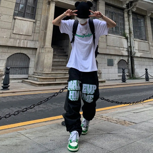 saferido Vintage American Y2K Fashion Print Broken Heart Style Slightly Ragged Casual Hip Hop Straight Leg Jeans Men
