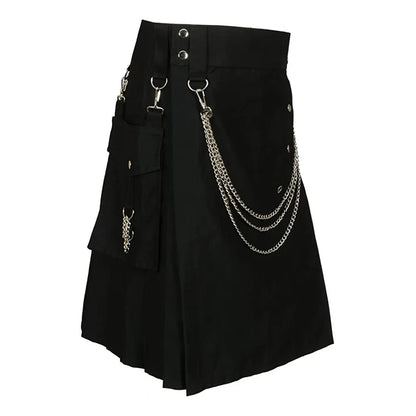 saferido Summer Fashion Utility Kilt with Silver Chains Black Skirt Bottom Men's Scottish Festival Skirts Punk Rock Metal Pendant Pleated Skirt