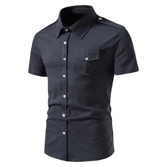 New High Quality Men Solid Color Shirts Summer Short Sleeve Casual Shirt Cotton Slim Fit Chemise Homme Men Clothing S-XXL
