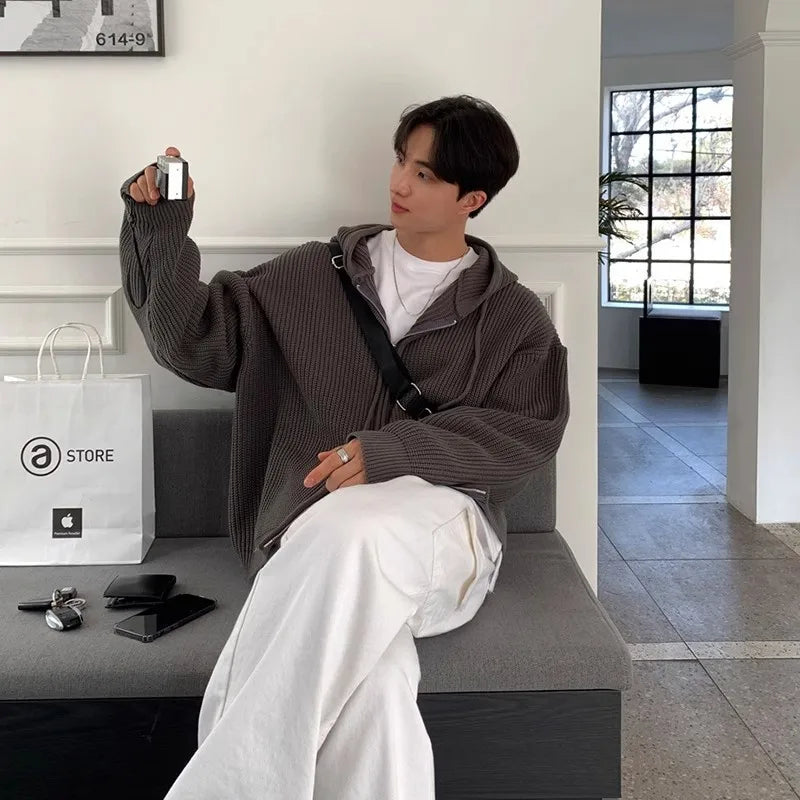 Autumn Clothing Men's Light Luxury Knitted Hooded Cardigan Sweater Korean Vintage Popular Zipper Long Sleeve Hoodie Knitwear
