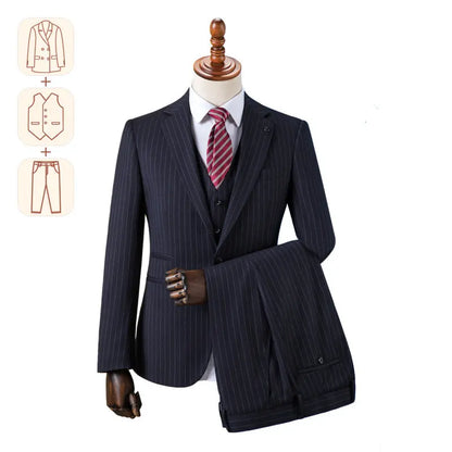 saferido  Premium Suit British Striped for Men's Business Formal Dress, Wedding, and Groom, Slim-fit Coat Vest & Pants