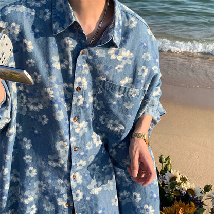 Men Denim Shirts Floral Printed Summer Button Lapel Tops Short Sleeve Blouses Soft Cotton Loose Male Hawaiian Beach Shirts