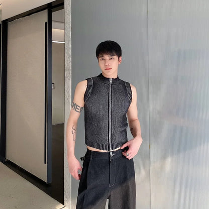 saferido Knitted Vest Men's Stand Collar Handsome Sweater Vest Korean Streetwear Male Clothing 2024 Spring Summer Fashion New