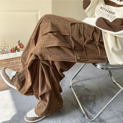 saferido Spring And Summer New Trendy Retro Large Pocket Ankle Overalls Solid Color Drawstring Loose Casual Sports Trousers For Men M-3XL