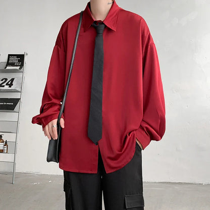 saferido Korean Fashion Ice Silk Shirts for Men Spring Summer Solid Color Long Sleeve Casual Loose Comfortable Button Up Shirt 5XL-M