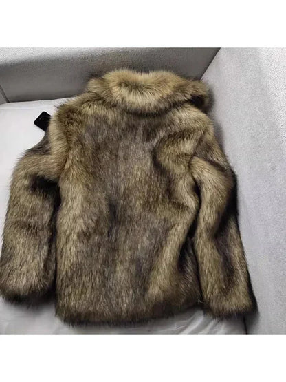 Winter Short Thick Warm Hairy Shaggy Faux Raccoon Fur Coat Men Long Sleeve High Quality Luxury Fluffy Jacket
