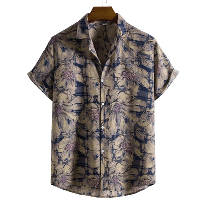Mens Vintage Button Up Linen Shirts Slim Fit Short Sleeve Hawaiian Floral Shirt Men Casual Harajuku Streetwear Camisas Homme XXL