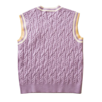 saferido Japanese Harajuku Knitted Vest Men Solid Color Matching V-neck Pullover Causal Loose Sleeveless Couple Sweaters Fashion New