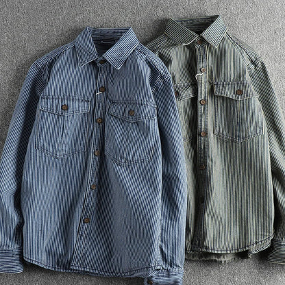 Fashion men Europe and the United States style casual shirt coat striped fabric washed to make old vintage cargo denim shirt