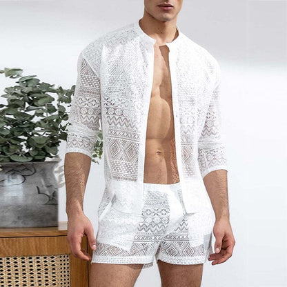 New Arrivals Men Set Summer Sexy See Through Lace Outfits Beach Fashion Short Sleeved Tops And Shorts Mens Two Piece Suits