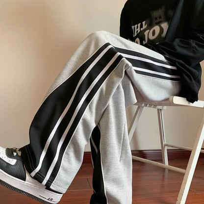 saferido Japanese Retro Casual Pants Men's Fitting Straight Leg Pants College Style Wide Striped Patchwork Drawstring Sweatpants Autumn