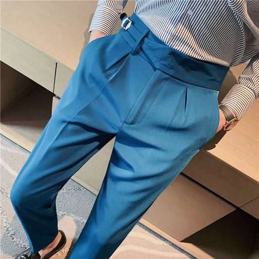 saferido Men Spring Stylecasual Nine Cent Trousers/Male Slim Fit High-grade Pure Cotton Stripe Suit Pants Black Gray