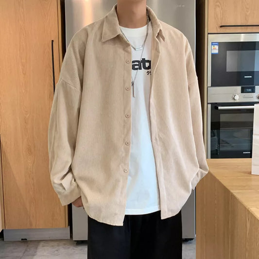 saferido Khaki Corduroy Men Shirts Fashion Korean Oversized Baggy Tops Spring Autumn Cardigan Long Sleeve Blouse Vintage Male Y2K Clothes