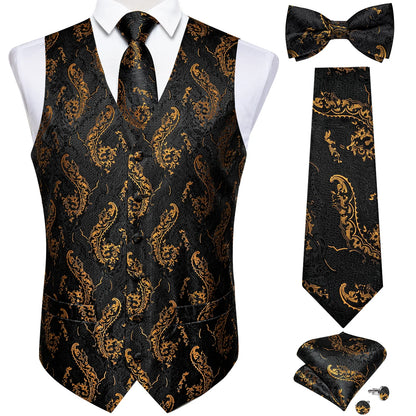 Men Black Paisley Vest Necktie Bowtie Pocket Square Cufflinks Dress Set Classic 5 PCS Business Waistcoat for Man