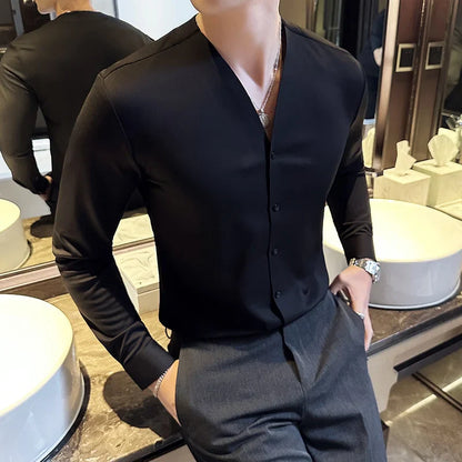 saferido Men V-neck Long Sleeve Shirt New British Style Solid Casual Slim Fit Camisas Blusas Formal Dress Shirts Homme Men Clothing