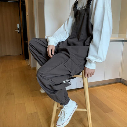 saferido Suspenders Jumpsuit Pants Men Summer Overalls Japanese Loose Straps Casual Pockets Unisex Oversize Streetwear Solid Man Clothing