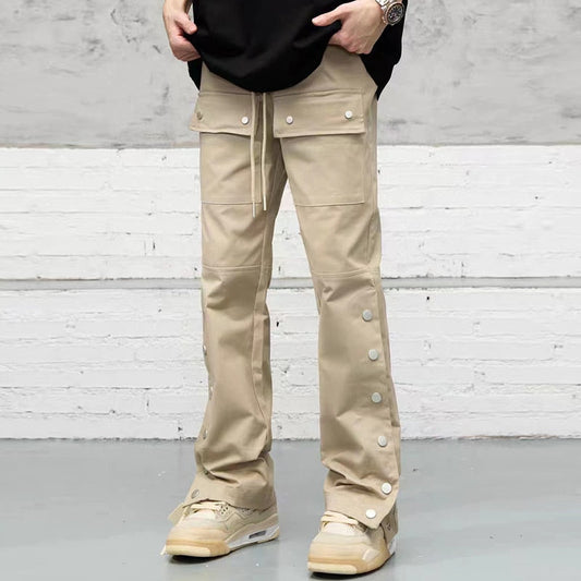 Side Ankle Button Pockets Drawstring Cargo Pants Men's Straight Solid Color Streetwear Baggy Casual Overalls Y2K Unisex Trousers