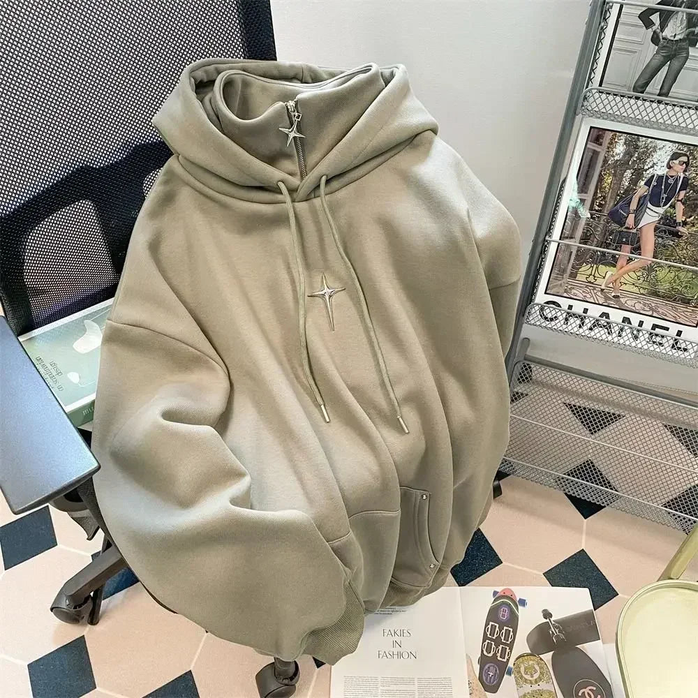 saferido American Style Retro Design Sense Four Pointed Star High Collar Hooded Sweater for Men and Women Trend Winter Thick Top Coat